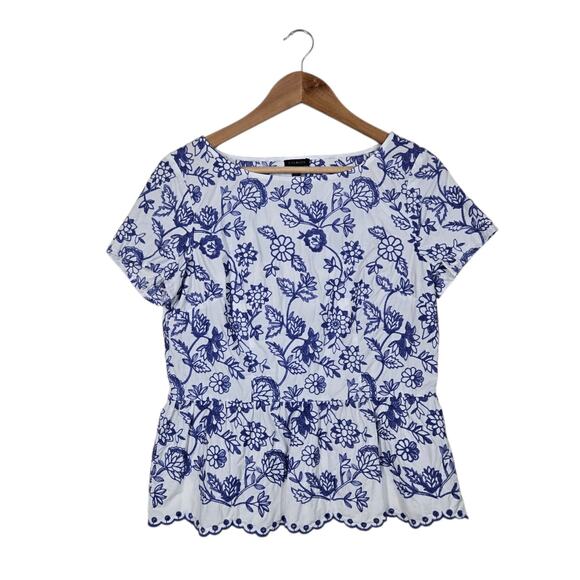Talbots Top sz 6 Blue White Floral Embroidered 100% Cotton Scalloped Peplum Hem - Picture 1 of 14